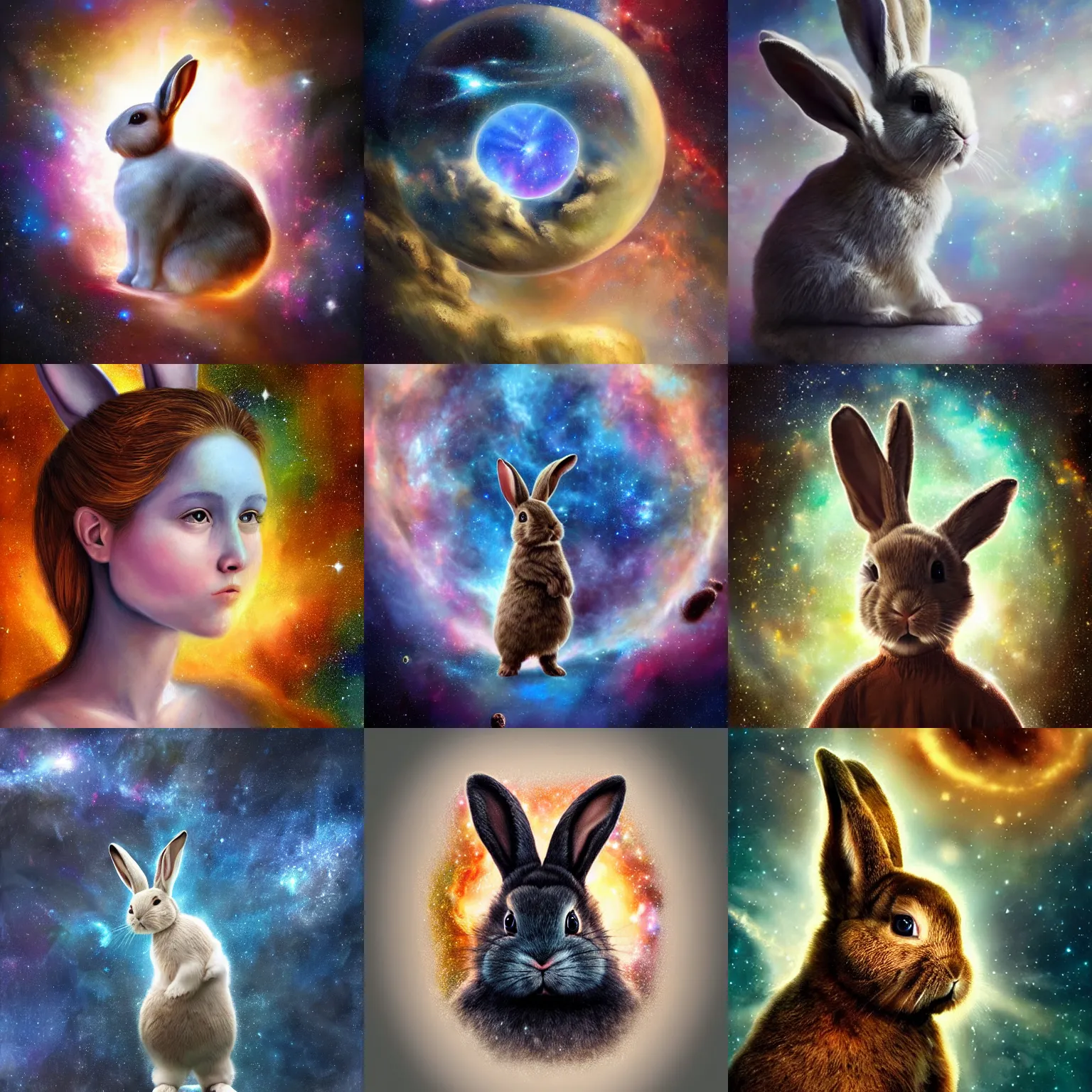Prompt: a galaxy in the shape of a bunny, realistic painting, classical painting, high definition, digital art, matte painting, very detailed, realistic