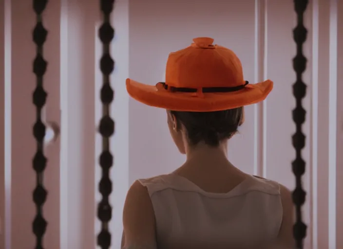 Image similar to photo of emma watson sitting in a jail cell wearing an orange jumpsuit and a red hat, defocused bars in the foreground, 8 k, 8 5 mm f 1. 8