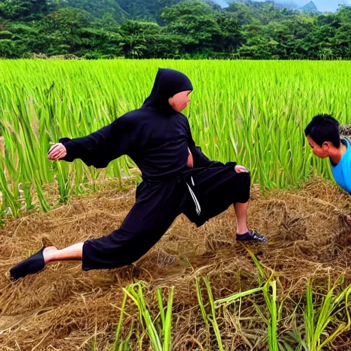 Image similar to ninja training in a rice fields fighting with a giant monster lobster