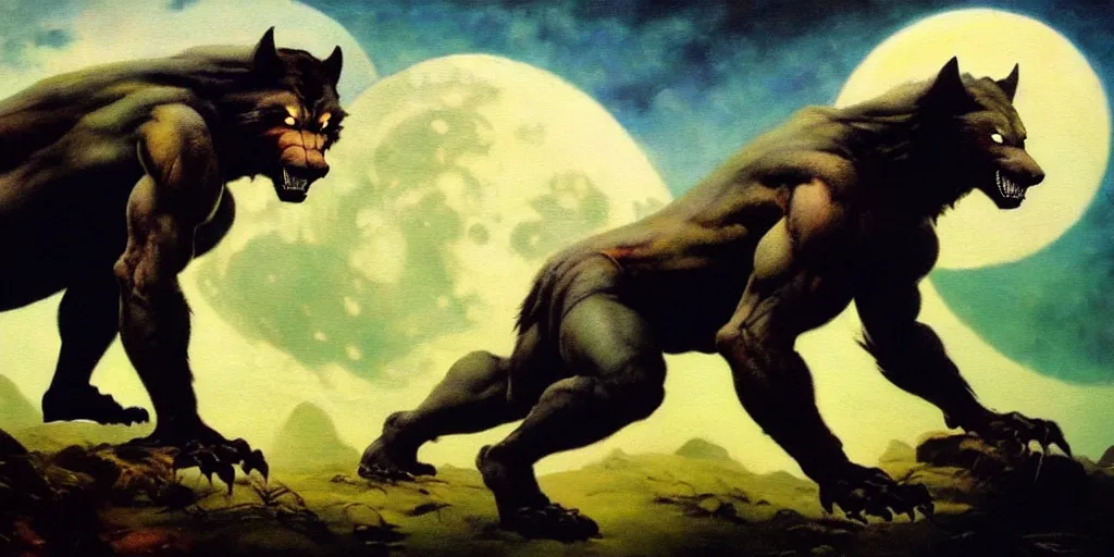Prompt: by frazetta , panoramic close up of realistic werewolf , full body backlight ,top light ,full body portrait ,highly textured oil painting ,jungle ,cyan graveyard with backlight from the moon ,foggy background ,with dramatic sky ,clouds and giant oversized moon and storm