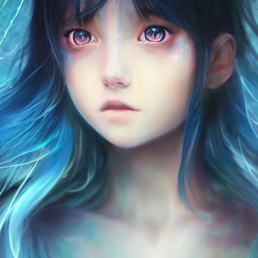 Image similar to advanced digital portrait painting photograph, a anime girl traversing liminal space, full body, very long black hair, azure blue watery eyes, full round face, cinematic lighting, medium shot, mid-shot, highly detailed, trending on artstation, Unreal Engine 4k, Stanley Artgerm Lau, WLOP, Rossdraws, James Jean, Andrei Riabovitchev, Marc Simonetti, and Sakimichan