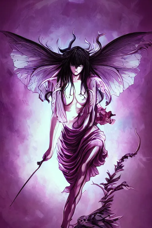 Image similar to concept art painting of a demonic devil fairy, artgerm, moebius, inio asano, toon shading, cel shading, calm, tranquil, vaporwave colors,