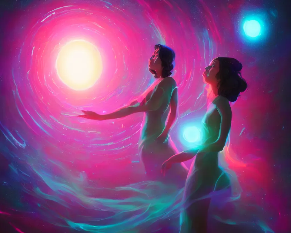 Image similar to a beautiful whimsical woman standing under a multi-colored binary blackhole with an accretion disc, casting magic, glowing trails following her arms,, by Lois van Baarle, by Greg Rutkowski, by artgerm, by beeple, by studio ghibli, cinematic angle, volumetric lighting, 4k resolution, octane render, trending on artstation, masterpiece