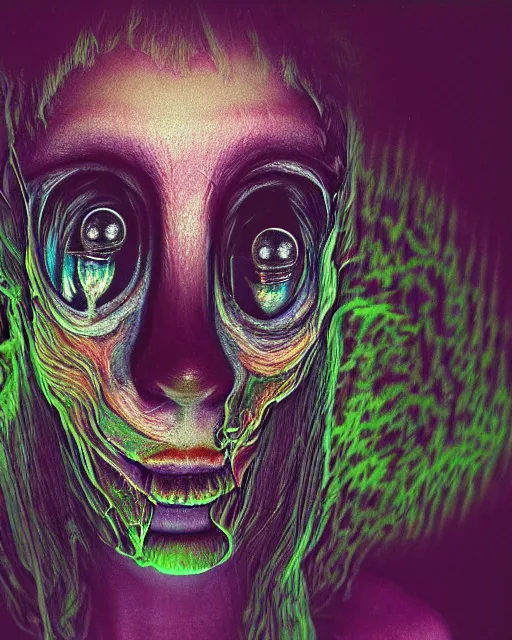 Prompt: realistic portrait of a creature experiment gone wrong, psychedelic, dark art, facing camera, photo realistic, detailed, delicate, hyper realism, ultra realistic, 8 k, 3 5 mm film