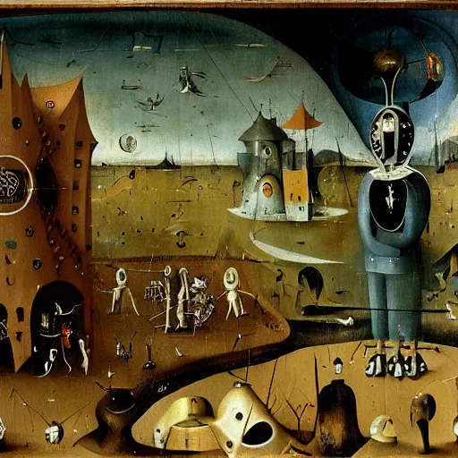 Image similar to robotic dreams of the world beyond, painted by hieronymus bosch