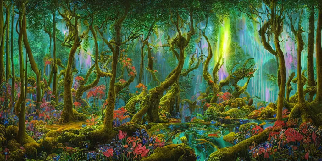 Image similar to beautifully detailed painting of a dreamy psychedelic rainforest with fireflies and fairies, intricate coral, fungal gems, iridescent crystal monoliths, obelisks and an aurora borealis, mossy stumps by dan mumford, diego rivera, eugene delacroix, jean leon gerome, eddie mendoza