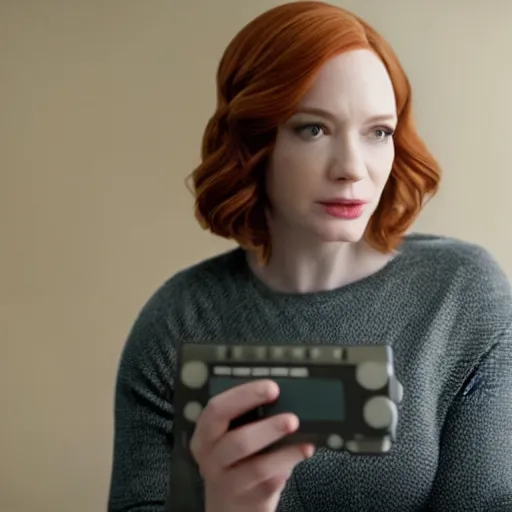 Prompt: a still of Christina Hendricks playing with a Gameboy, in the movie Arrival, highly detailed and intricate, sharp image, cinematic lighting, 8k HDR