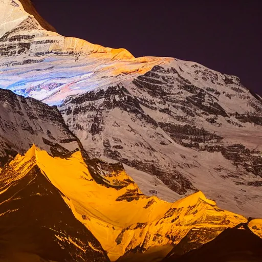 Image similar to a photo at nighttime of llumination of the matterhorn in the colors of indian flag, projected illuminated on the matterhorn mountain at night