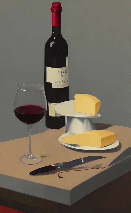 Prompt: beautiful still life featuring A knife tillamook cheese, and red wine, very coherent, painted by Edward Hopper, painted by James Gilleard, airbrush, art by JamesJean