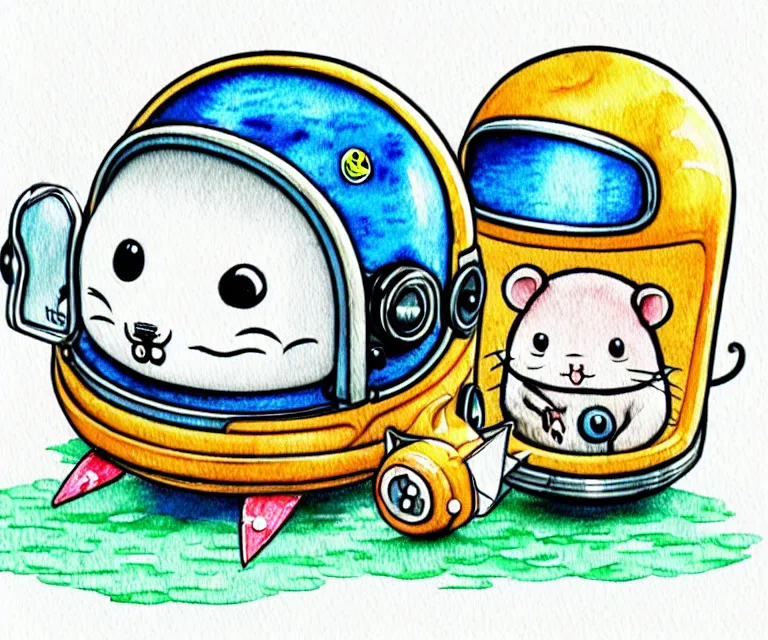 Image similar to cute and funny, hamster wearing a helmet riding in a tiny rocket ship, ratfink style by ed roth, centered award winning watercolor pen illustration, isometric illustration by chihiro iwasaki, edited by range murata, tiny details by artgerm and watercolor girl, symmetrically isometrically centered, focused