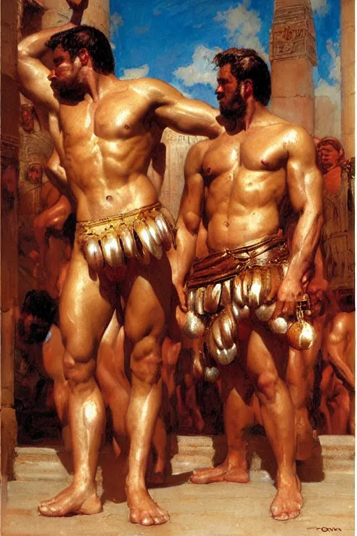 Image similar to muscular male gladiators, trojan baths painting by gaston bussiere, craig mullins, j. c. leyendecker, tom of finland