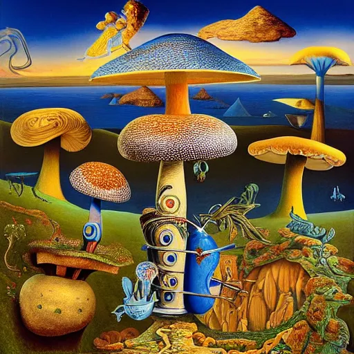 Image similar to a blue caterpillar with a hooka pipe on top of a mushroom in wonderland by jacek yerka and salvador dali, detailed matte painting, 8 k resolution