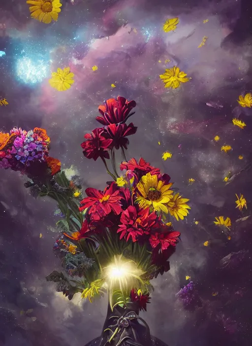 Image similar to An epic fantastic realism comic book style painting of the most beautiful flowers launched across the dark and starry cosmos, bouquets, fisheye lens, unreal 5, DAZ, hyperrealistic, octane render, dynamic lighting