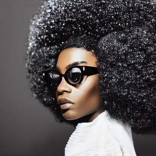 Prompt: close up of face of a black fashion model with afro, standing at black wall, official valentino editorial, highly detailed