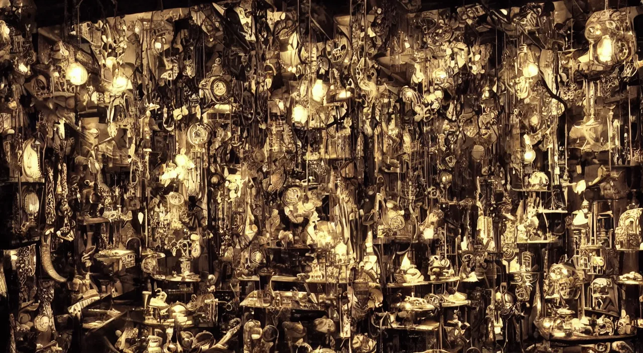 Image similar to steampunk shop window by junji ito, darkness, neon lights, photo realistic, completely filled with interesting oddities, things hanging from ceiling, light bulbs, cinematic