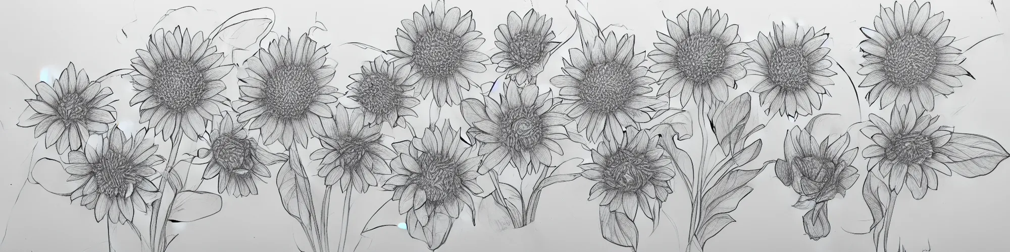 Image similar to excellent flower in various stages of life, line drawing, pencil