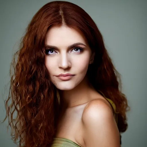 Prompt: beautiful clothed woman with olive skin tone, auburn hair, beautiful green eyes, studio portrait, 8 k