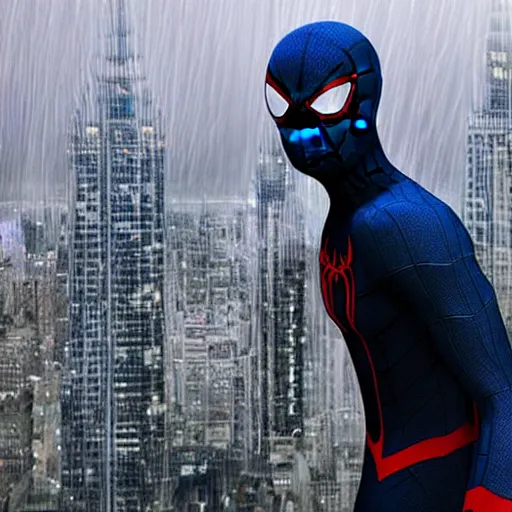 Prompt: black tech suit spider - man blue eyes hanging in tall tower at night rain ultra realistic high quality 8 k photo realistic highly detailed