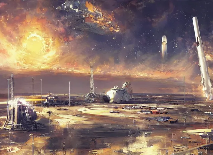 Prompt: SpaceX Big Base, concept art oil painting by Jama Jurabaev and John Berkey, extremely detailed, brush hard, artstation