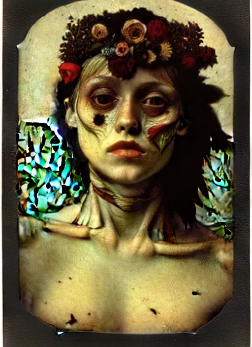 Image similar to beautiful and detailed rotten woman made of plants and many different types of flowers, muscles, intricate, organs, ornate, manet, gustave courbet, caravaggio, romero ressendi 1 9 1 0 polaroid photo