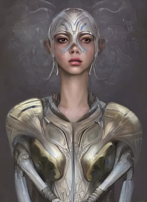 Image similar to a professional painting of a beautiful young female alien, clothed in ethereal armor, olive skin, long dark hair, beautiful bone structure, symmetrical facial features, intricate, elegant, digital painting, concept art, smooth, sharp focus, illustration, from Valerian and the City of a Thousand Planets, by Ruan Jia and Mandy Jurgens and Artgerm and William-Adolphe Bouguerea