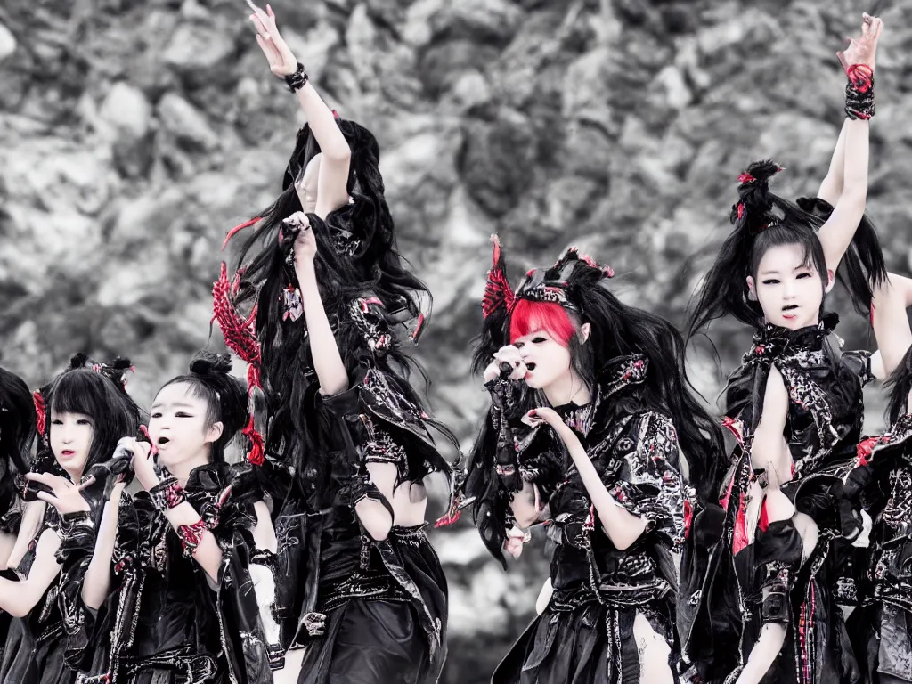 Image similar to babymetal 3 members performing on a tropical beach beautiful, scenery, high detail face, High Definition detail, 8K, photography