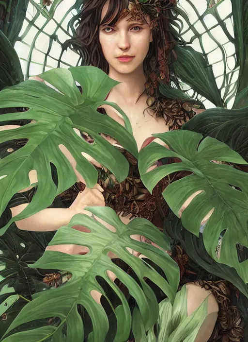 Prompt: a female druid with monstera leaf themed clothing, fully clothed, monstera leaves in the background, holding a glowing orb of leaves, volumetric lighting, D&D, fantasy, intricate, cinematic lighting, highly detailed, digital painting, artstation, concept art, smooth, sharp focus, illustration, art by Artgerm and Greg Rutkowski and Alphonse Mucha