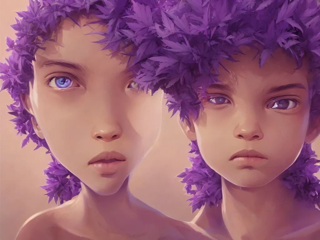 Image similar to single kid symmetrical beauty face in focus purple flowers of marijuana hemp cannabis, behance hd, by jesper ejsing, by rhads, makoto shinkai, lois van baarle, ilya kuvshinov, rossdraws global illumination, golden ratio