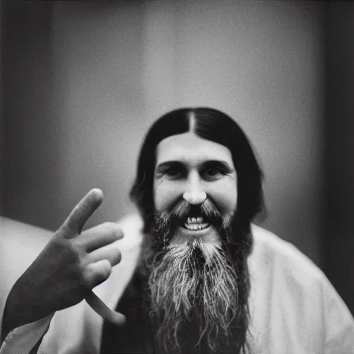 Prompt: happy rasputin as grubhub character realistic texture, depth of field, rolleiflex tlr