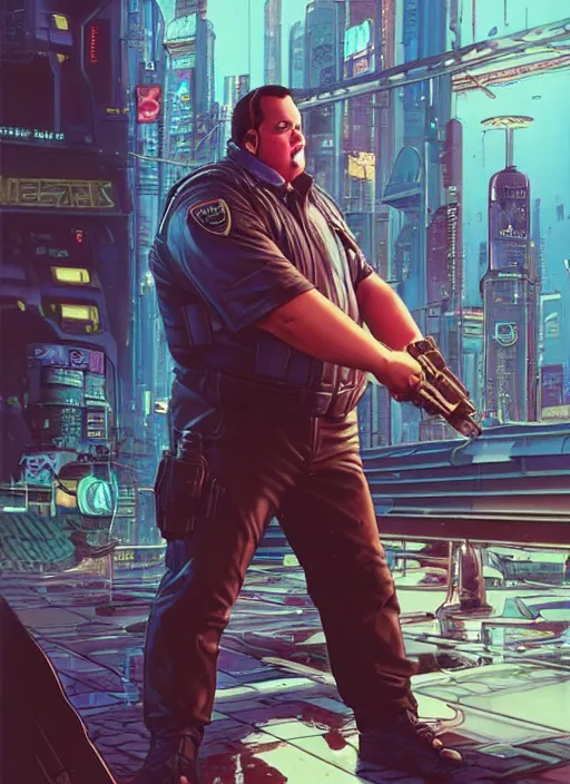 Prompt: cyberpunk paul blart mall cop. portrait by mœbius and will eisner and gil elvgren and pixar. realistic proportions. cyberpunk 2 0 7 7, apex, blade runner 2 0 4 9 concept art. cel shading. attractive face. thick lines.