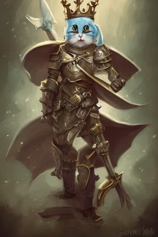 Image similar to cute little anthropomorphic cat knight wearing a cape and a crown, tiny, small, miniature cat , baby animal, short, pale blue armor, cute and adorable, pretty, beautiful, DnD character art portrait, matte fantasy painting, DeviantArt Artstation, by Jason Felix by Steve Argyle by Tyler Jacobson by Peter Mohrbacher, cinematic lighting