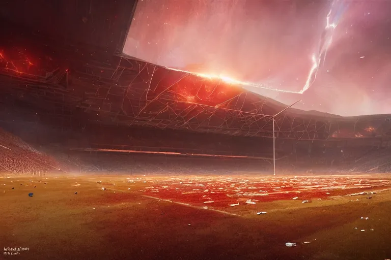 Prompt: meteorites fall from the red sky upon a crumbling football stadium, crowds panic, cinematic lighting by Jessica Rossier, stunning volumetric lighting, photorealistic, hyper detailed, unreal engine 5, IMAX quality, cinematic, epic lighting