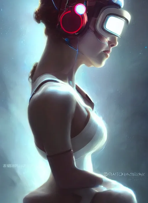 Prompt: a beautiful woman wearing a cyber headset, painted by artgerm and tom bagshaw, fantasy art, dramatic lighting, highly detailed oil painting