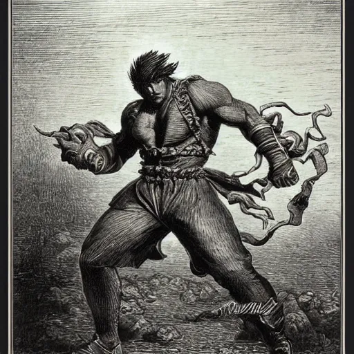 Prompt: A scene from Tekken 7, wood engraving, by Gustave Dore