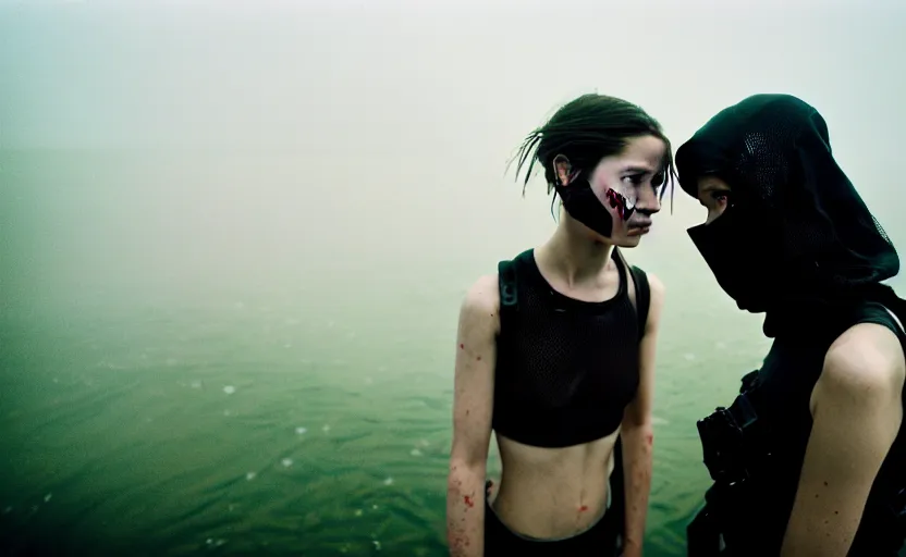 Image similar to cinestill 5 0 d candid photographic portrait by helen levitt of two loving female androids wearing rugged black mesh techwear in treacherous waters, extreme closeup, modern cyberpunk moody emotional cinematic, dust storm, 8 k, hd, high resolution, 3 5 mm, f / 3 2, ultra realistic faces, ex machina