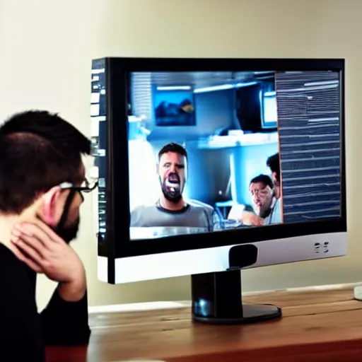 Prompt: an incredibly fat and incredibly stupid man is shocked to see his own reflection in his computer monitor, candid photo