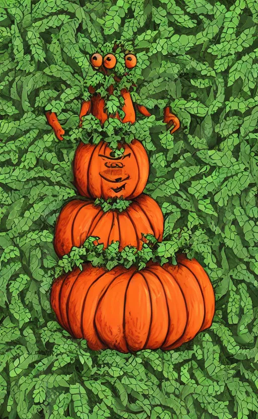 Image similar to a pumpkin monster but it's body is made out of vines and weeds, full body portrait