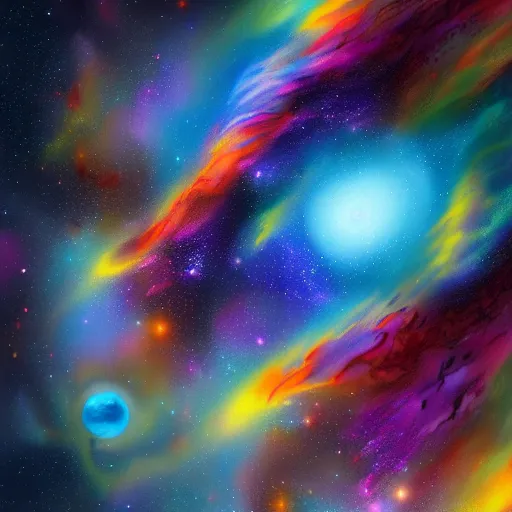 Prompt: the most colorful drawing of the sky, planets and galaxies, vivid, powerful, beautiful, artstation, 8 k