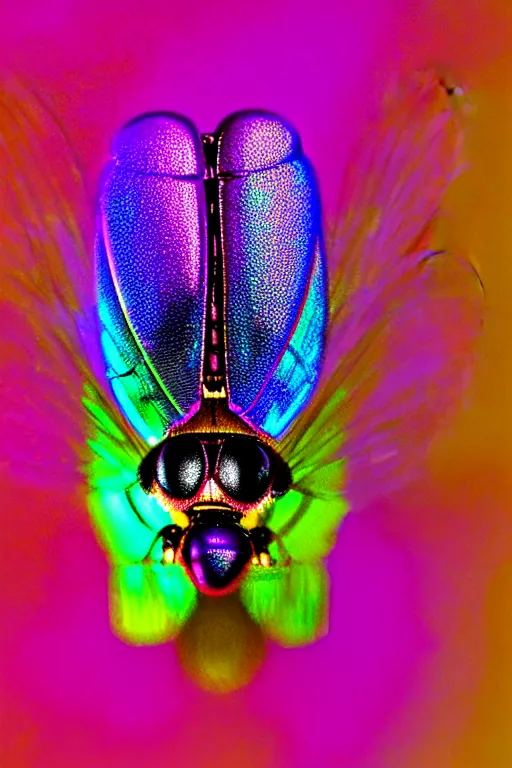 Image similar to high quality macro photo iridescent art nouveau fly! jeweled gorgeous! highly detailed digital art david ligare elson peter cinematic purple neon lighting high quality low angle hd 8k sharp shallow depth of field