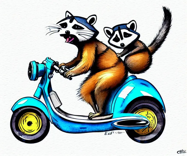 Image similar to cute and funny, racoon wearing a helmet riding in a tiny moped scooter with oversized engine, ratfink style by ed roth, centered award winning watercolor pen illustration, isometric illustration by chihiro iwasaki, edited by range murata