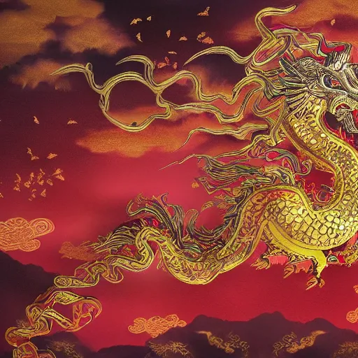 Image similar to golden paper + an intricate chinese dragon in the clouds depiction + elaborate red illustration by wu daozi, tang yin, qiu ying, very detailed, deviantart, 8 k vertical wallpaper, tropical, colorful, airy, anime illustration, anime nature
