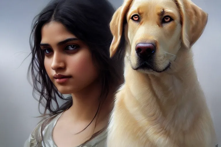 Prompt: sensual good looking pale young bengali girl with soulful eyes with a cream labrador retriever and a majestic german shepherd, portrait, elegant, intricate, digital painting, artstation, concept art, smooth, sharp focus, illustration, art by artgerm and greg rutkowski and alphonse mucha