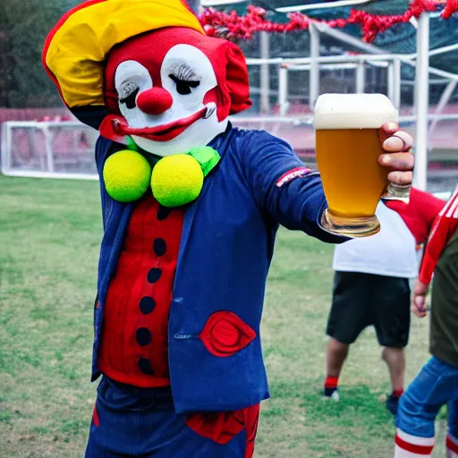 Prompt: silly little grumpy man clown with a beer in front of a soccer match