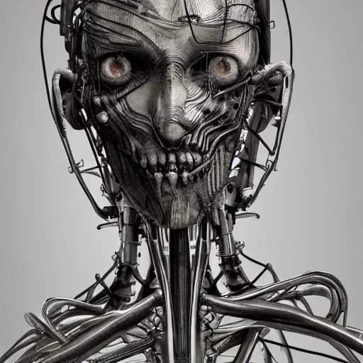 Prompt: unsettling scary terrifying bio mechanical cyborg post human, physically accurate, dramatic dynamic lighting, intricate, elegant, highly detailed, hyperrealistic, HR GIGER, very Bensinski, Hieronymus Bosch, Francis Bacon, smooth, sharp focus