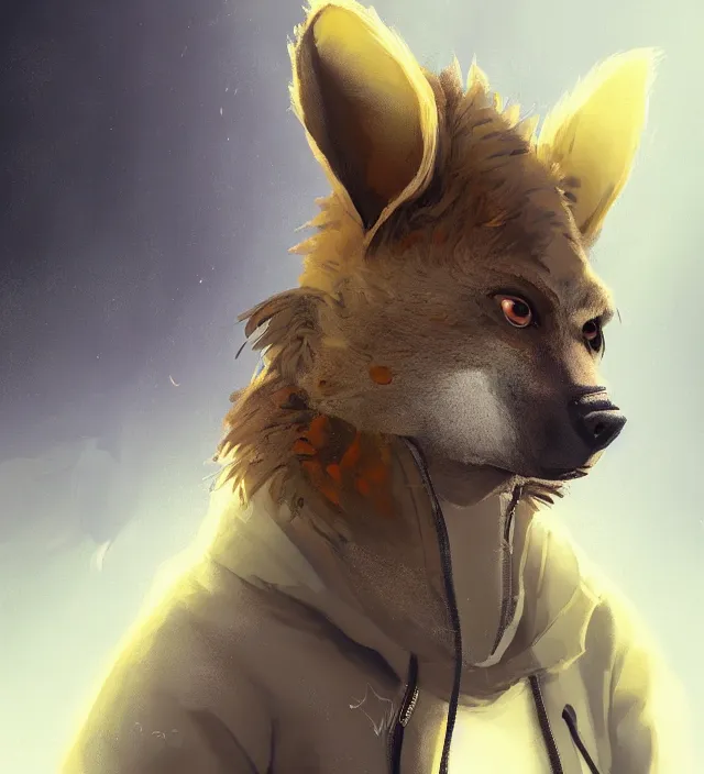 Image similar to a beautiful portrait of a handsome male anthropomorph brown hyena furry fursona wearing a hoodie. character design by cory loftis, fenghua zhong, ryohei hase, ismail inceoglu and ruan jia. artstation, volumetric light, detailed, photorealistic, rendered in octane