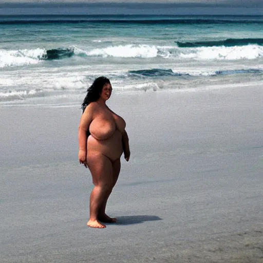 Image similar to Big woman on the beach, realistic photo, high detailed