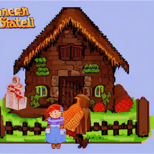 Image similar to Hansel and Gretel meet the witch at the gingerbread house, pixel art, artstation