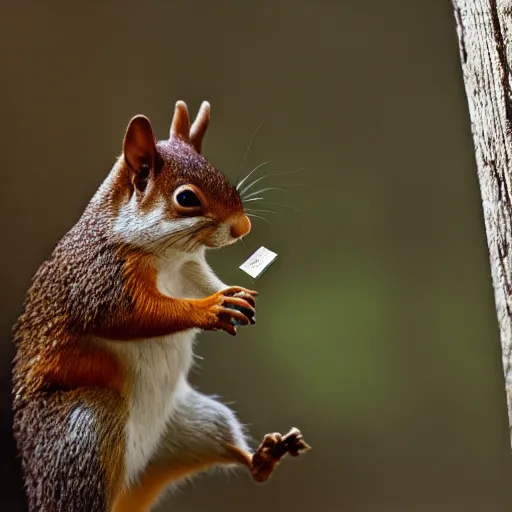 Image similar to film still, gangster squirrel counting his money, low angle, shot from below, worms eye view, low angle!!!!