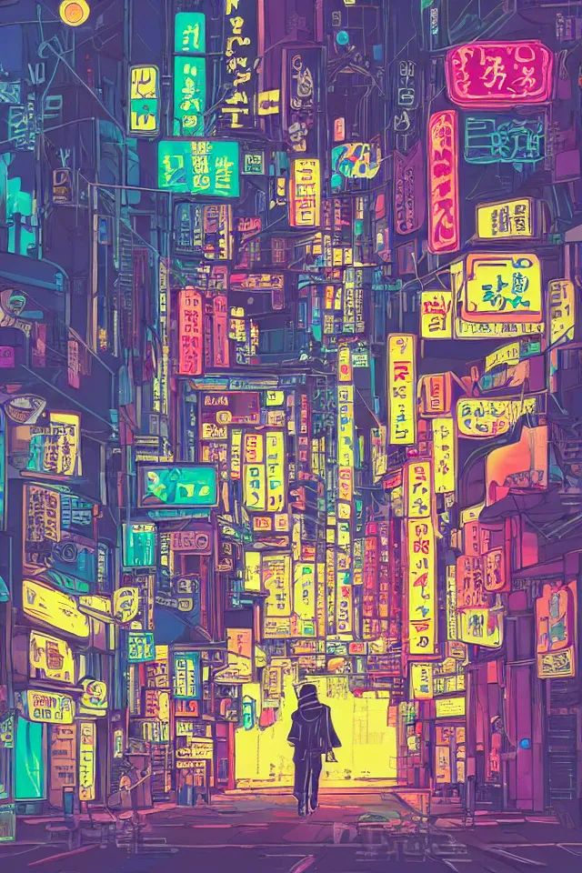 Image similar to a portrait of a shiba inu dog walking through neon streets of tokyo, in the style of studio ghibli, artistic, highly detailed