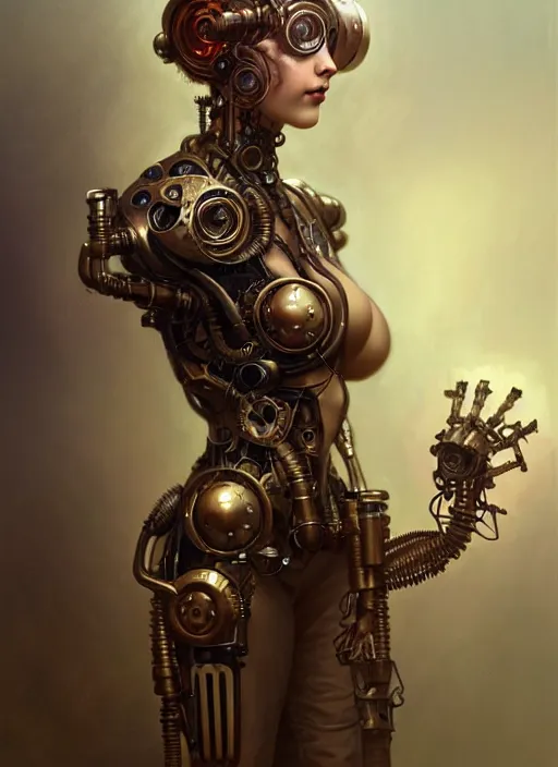 Image similar to steam punk cyborg, diffuse lighting, fantasy, intricate, elegant, highly detailed, lifelike, photorealistic, digital painting, artstation, illustration, concept art, smooth, sharp focus, art by John Collier and Albert Aublet and Krenz Cushart and Artem Demura and Alphonse Mucha